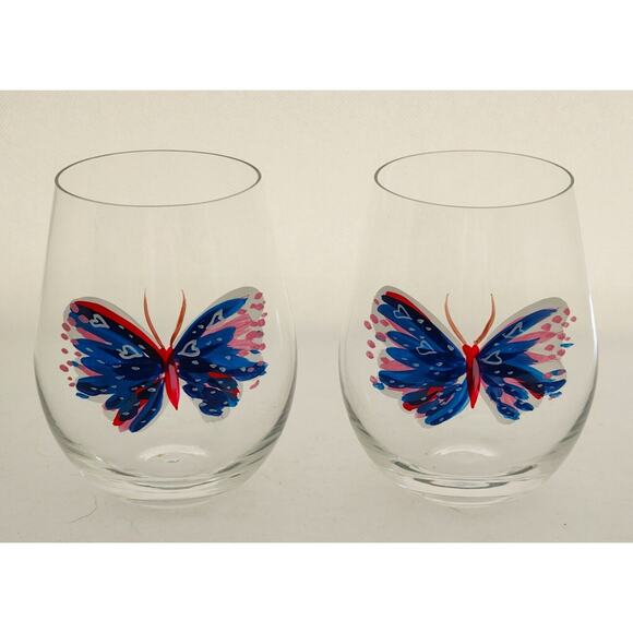 STEMLESS WINE GLASSES-Hand Painted-Butterfly-Blue Red White-SET OF 2 - Picture 1 of 9